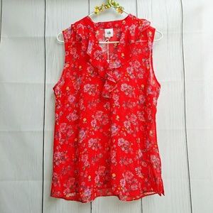 CAbi Crush Red Floral Sleeveless Semi Sheer Blouse